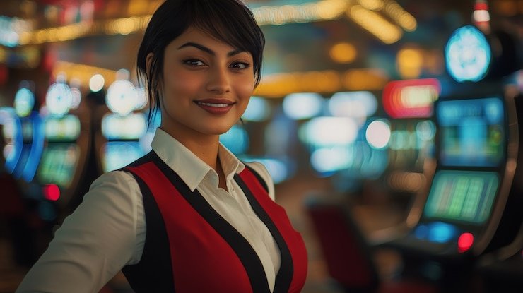 Live casino dealer at multi-camera table with cards and chips